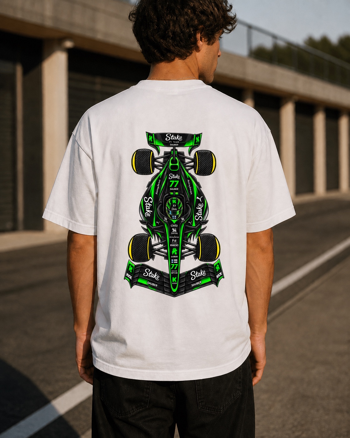 Modelo con la camiseta Bottas vista de espaldas