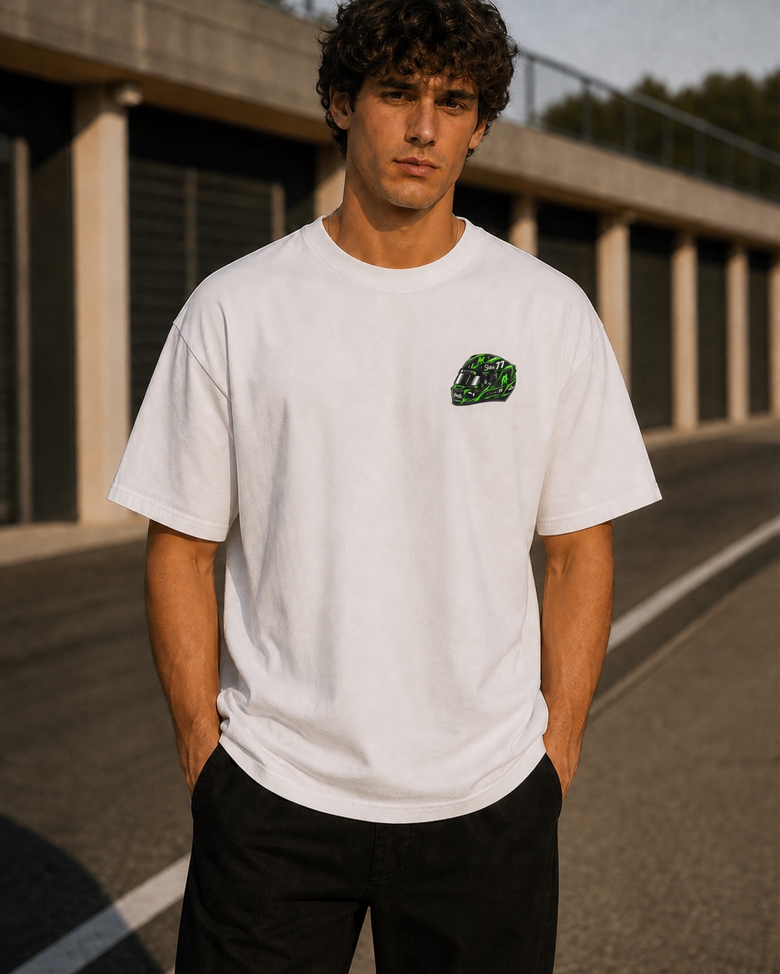 Modelo con la camiseta Bottas vista de frente