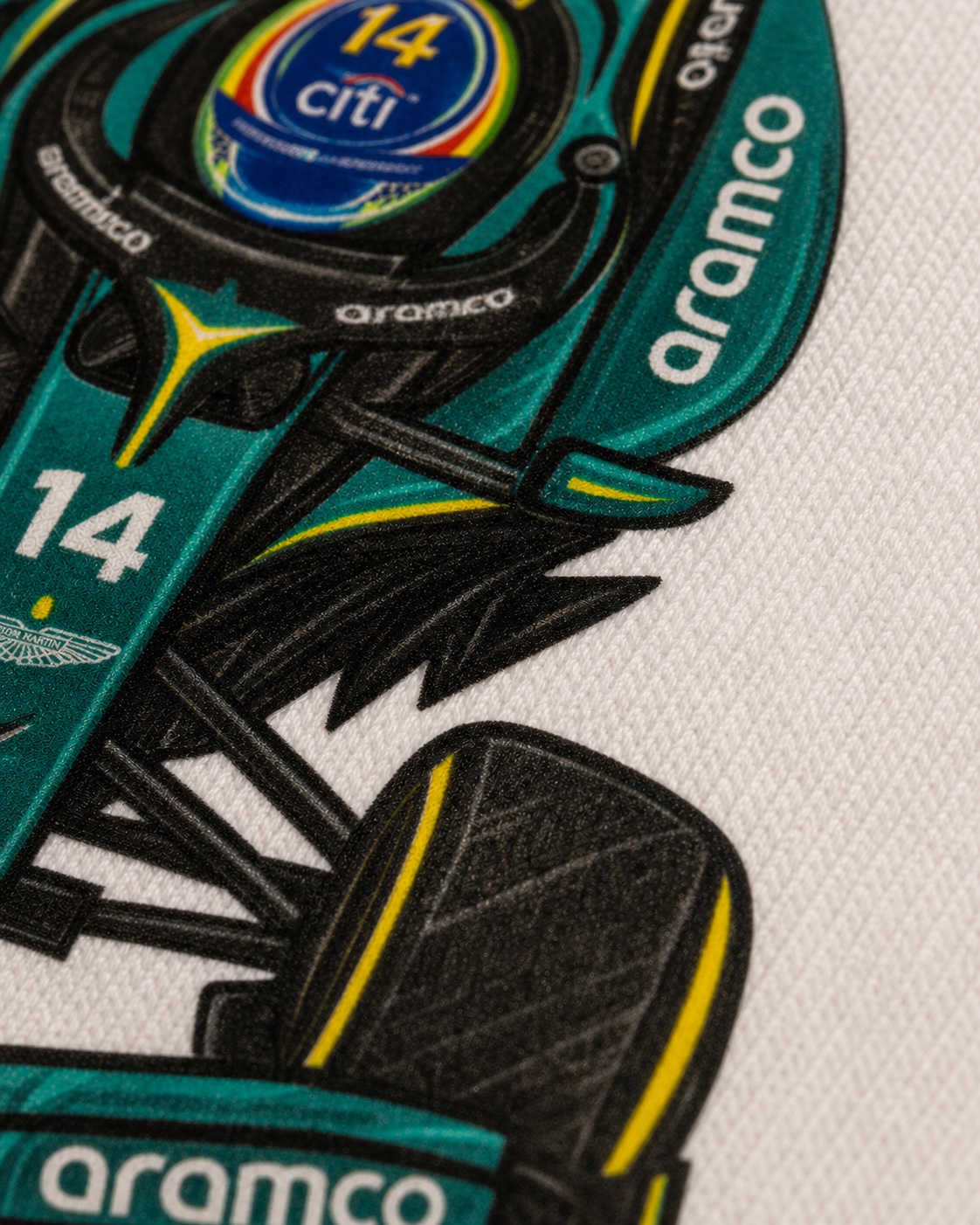 Detalle de la impresión DTF de la camiseta Fernando Alonso