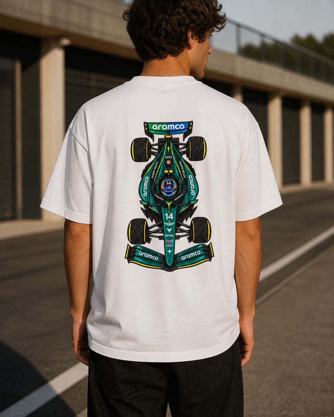 Modelo con la camiseta Fernando Alonso vista de espaldas
