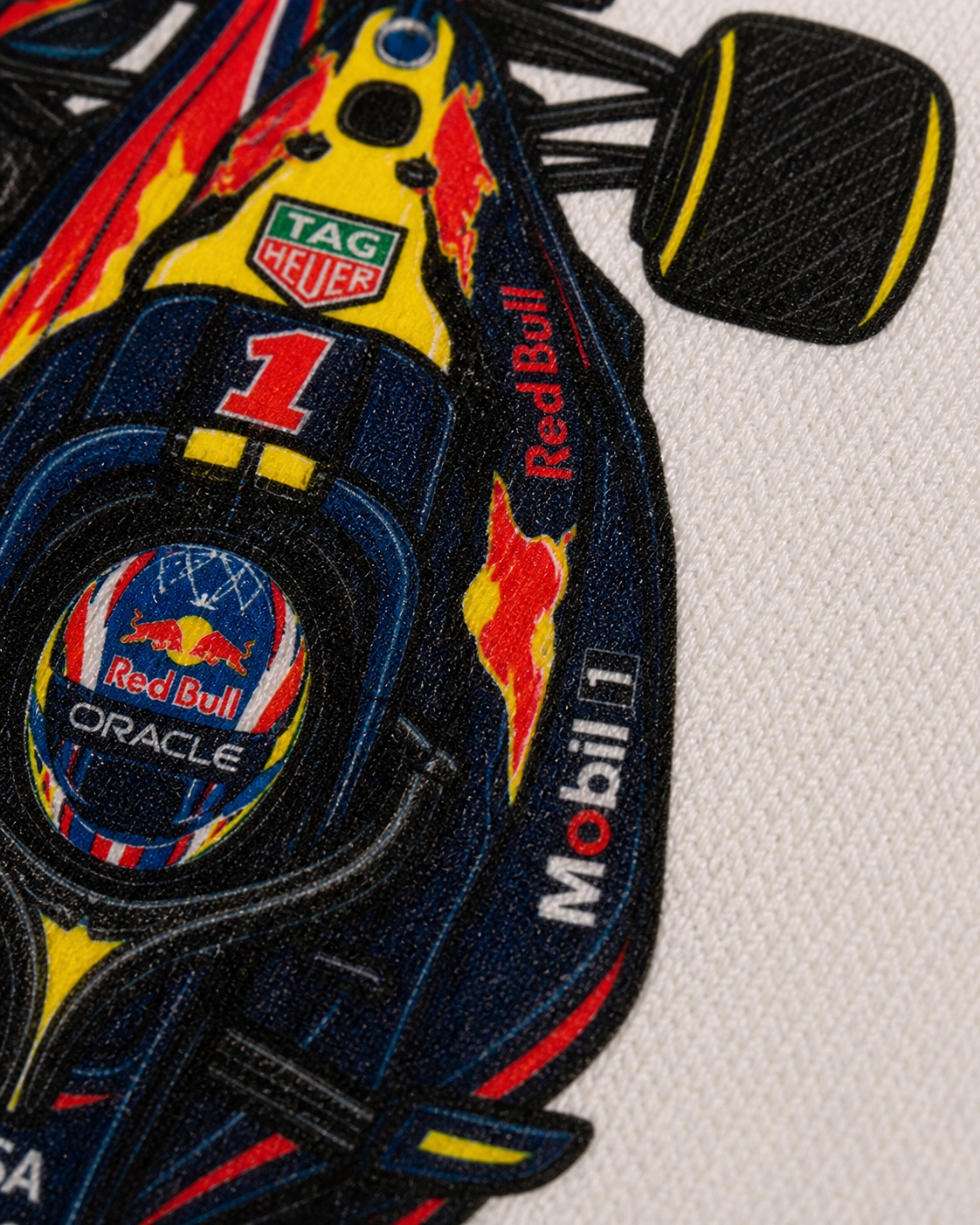 Detalle de la impresión DTF de la camiseta Max Verstappen
