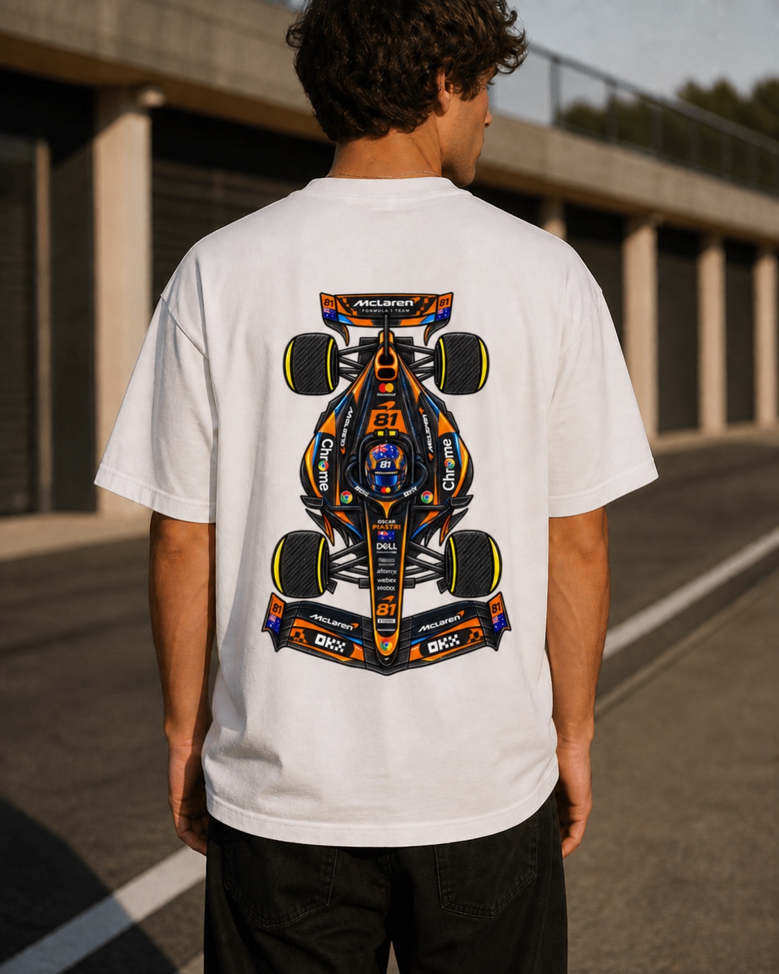Modelo con la camiseta Oscar Piastri vista de espaldas
